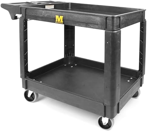 MaxWorks Heavy Duty 2-Shelf Service Cart 500 lb Capacity Polypropylene Utility Cart with 5 inch Non-Marring Casters, Deep Trays, and Built-In Tool Storage