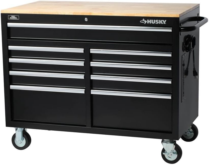 HuskyTools Workbench, Extra Deep 46 in. 9-Drawer Mobile, Wood, Black, 200 lb Load Capacity