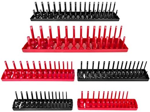 AIUITIO 6PCS Socket Organizer Tray Set, Red SAE & Black Metric Socket Storage Trays, 1/4-Inch, 3/8-Inch & 1/2-Inch Drive Deep and Shallow Socket Holders for Toolboxes