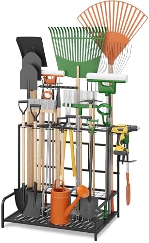 Garden Tool Organizer, Garage Tool Organizer & Garage Organization, Heavy Duty Steel Tool Storage Rack Holds 35 Rakes, Brooms Tools, Broom Holder and Mop Holder, Shed Organizer for Home Organization