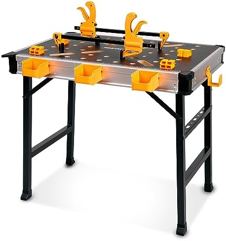 WORKESS Portable Workbench 1000Lbs Capacity Heavy Duty Folding Work Table with 2 Quick Clamps, 4 Bench Dogs, 3 Tool Boxes for Garage Easy Storage