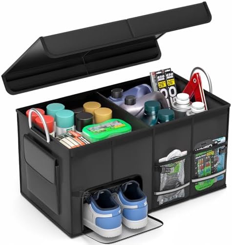 Car Trunk Organizer SUV Collapsible Car Caddy Truck Storage Heavy Duty Oxford Car Grocery Organizer for Cargo Van Jeep Sedan with 2 Large Compartments, 6 Pockets, 4 Adjustable Straps, 2 Handles 50L
