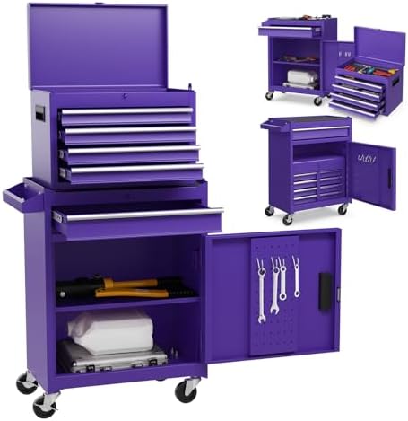 Goplus Tool Chest, 5 Drawers Rolling Tool Cabinet with Detachable Top Toolbox, Universal Lockable Wheels, Lock Bar, Protective Liner & Tool Rack, Metal Tool Storage Cart, Tool Box for Garage Workshop