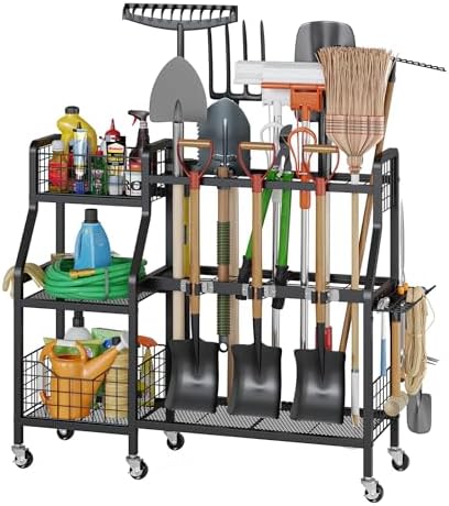 keomaisyto Heavy-Duty Garden Tool Organizer with 6 Wheels and 2 Baskets | 3 Lockable Casters, Large Metal Yard Tool organizer, Garage Tool Organization and Storage for Shed/Yard/Broom Clos