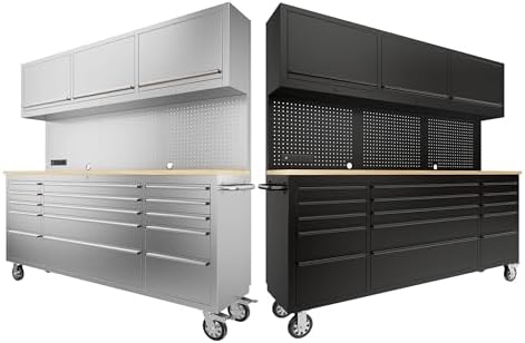CHETTO C 72-inch Rolling Tool Chest Cabinet Mobile Workbench with 15 Storage Drawers and Wheels 3 Uper Cabinet Outlet SS Pegboard Black Tool Box for Garage
