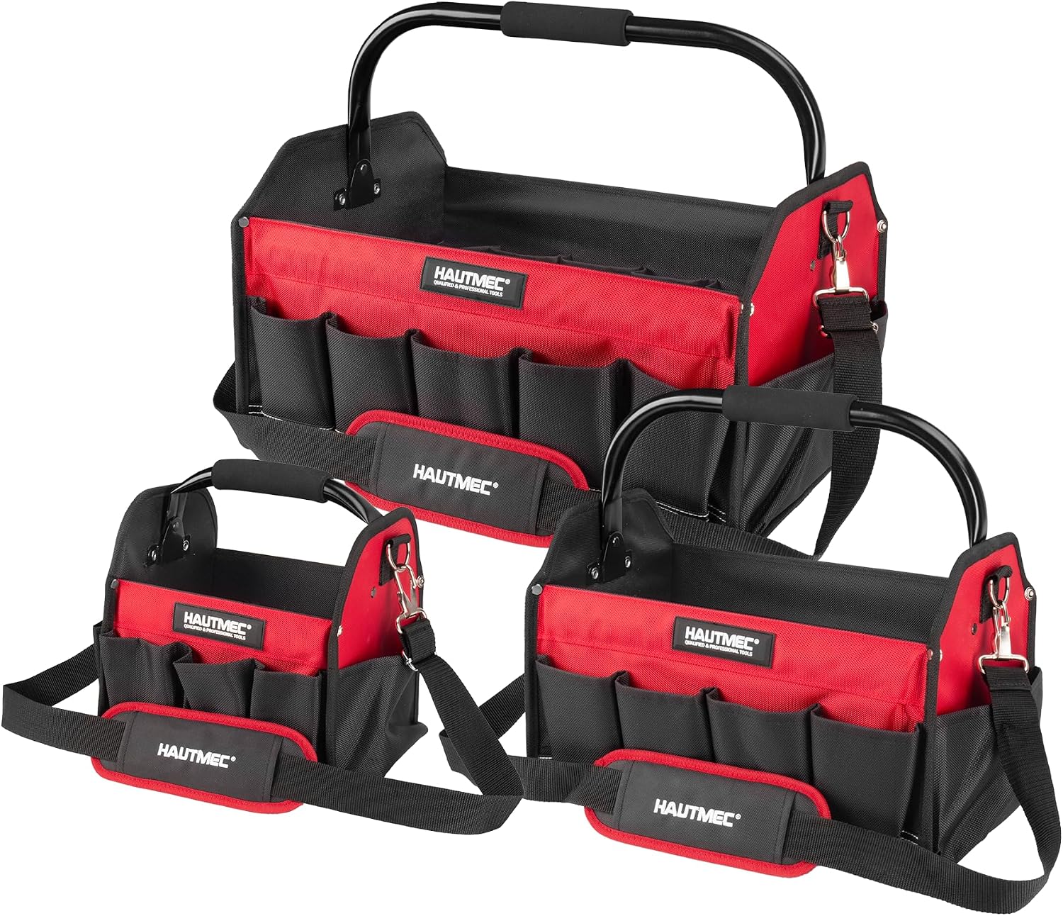 HAUTMEC 3PCS Heavy-Duty Tool Tote Bag Set, 1680D Large Tool Bags with Rigid Frame, Foldable Handle & Padded Shoulder Strap, Water-Resistant Hard Base, Multi-Pocket Tool Box Organizer – HTTBH25052