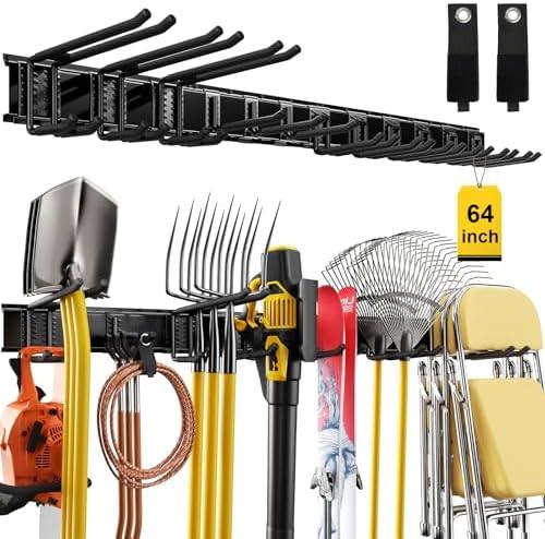 64" Garage Wall Tool Organizer, 900 Lbs Heavy Duty Steel Garden Tool Storage Rack & Garage Organization for Yard, Shed, Garage - 12 Longer & Thicker Hooks + 2 Straps