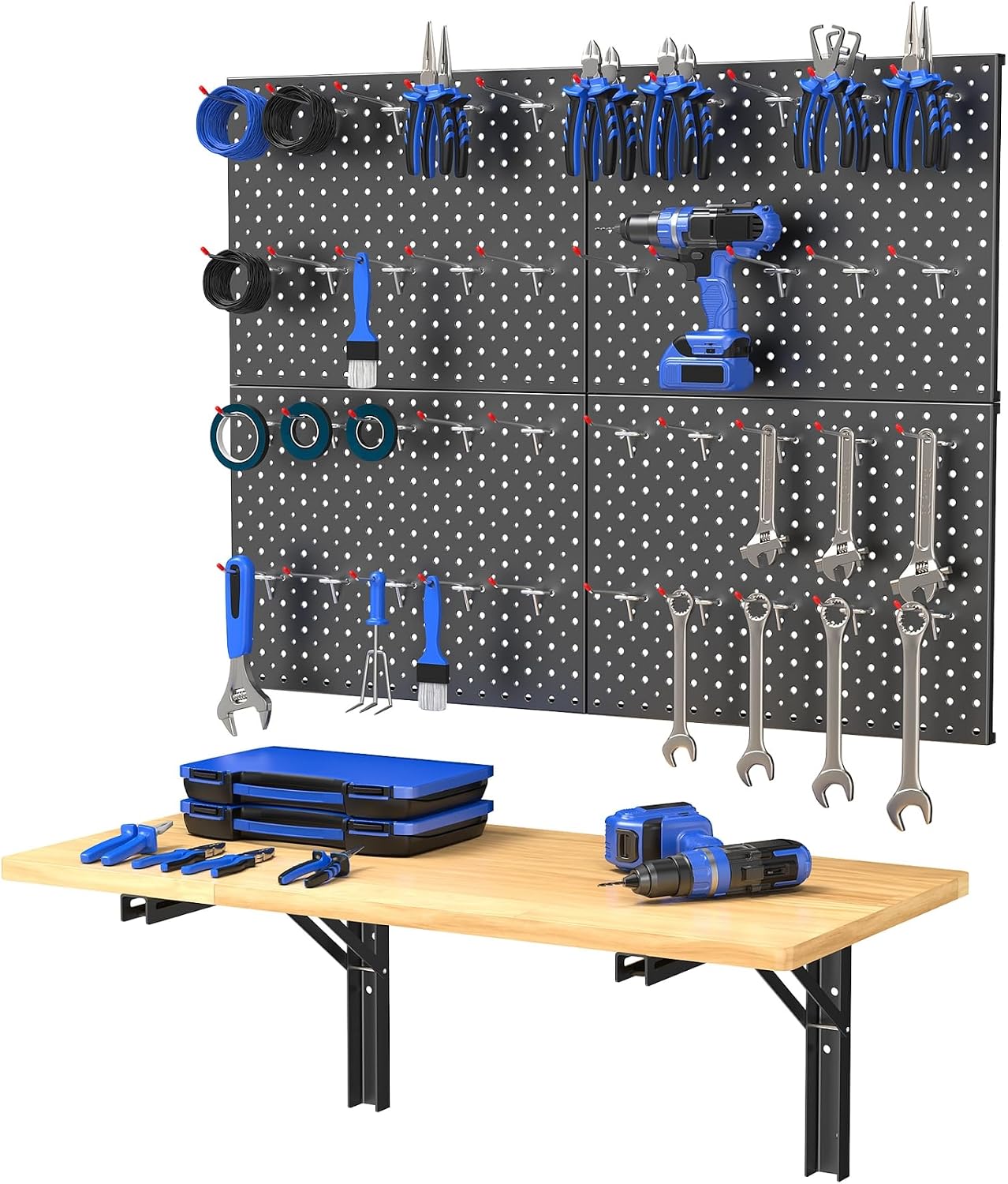 WALMANN Wall Mount Folding Workbench with Pegboard Kit, Size: 31.5x15.75 in