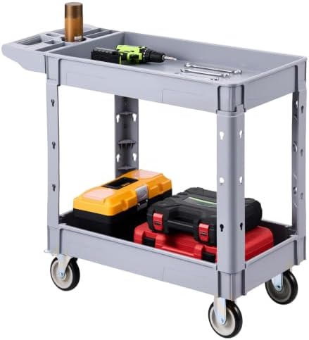 VEVOR Utility Cart, 550 lbs Capacity, 2 Tier Service Cart with 360° Swivel & Fixed Wheels (2 with Brakes), Heavy Duty Plastic Rolling with Storage Tray, Tool Storage for Garage Warehouse Workshop