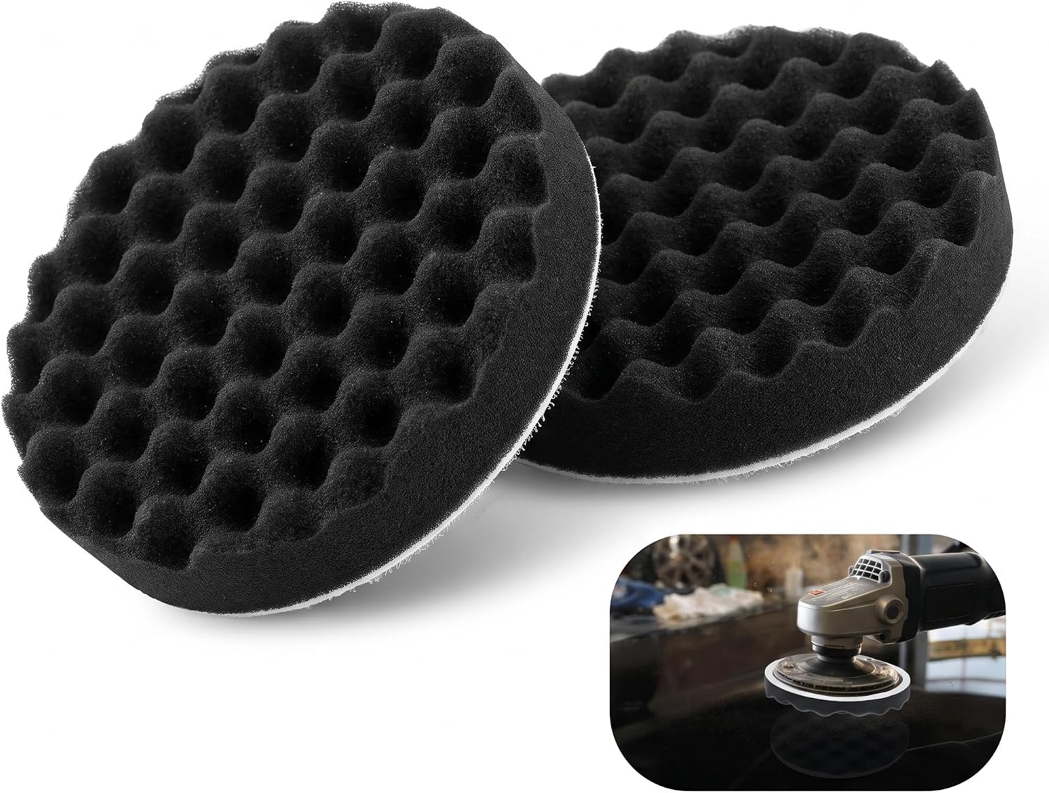 2 PCS 6 Inch Buffing Pad, Waffle Foam Polishing Pad with Hook and Loop Backing, Car Buffer Sponge Pad for Auto Detailing Waxing Paint Polishing, Universal for Most Cars Trucks RVs (Black)